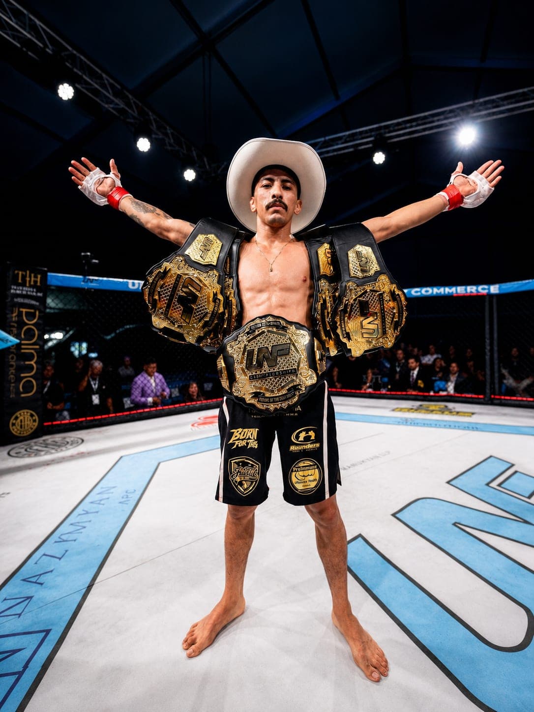 A fighter in the cage, arms spread, three belts over his shoulders, fans behind him.