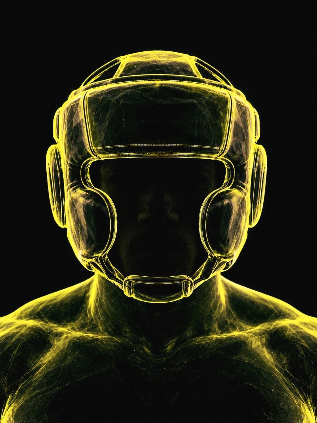 Boxer in sparring headgear, drawn in yellow light.