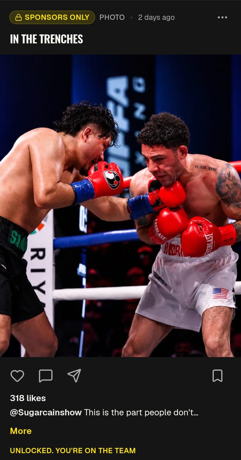 A Sponsor-only post on Cain Sandoval's sample profile, on a phone: the Sponsors Only label, the title In the Trenches, a fight photo, the like and comment row, and the line Unlocked, you're on the Team.