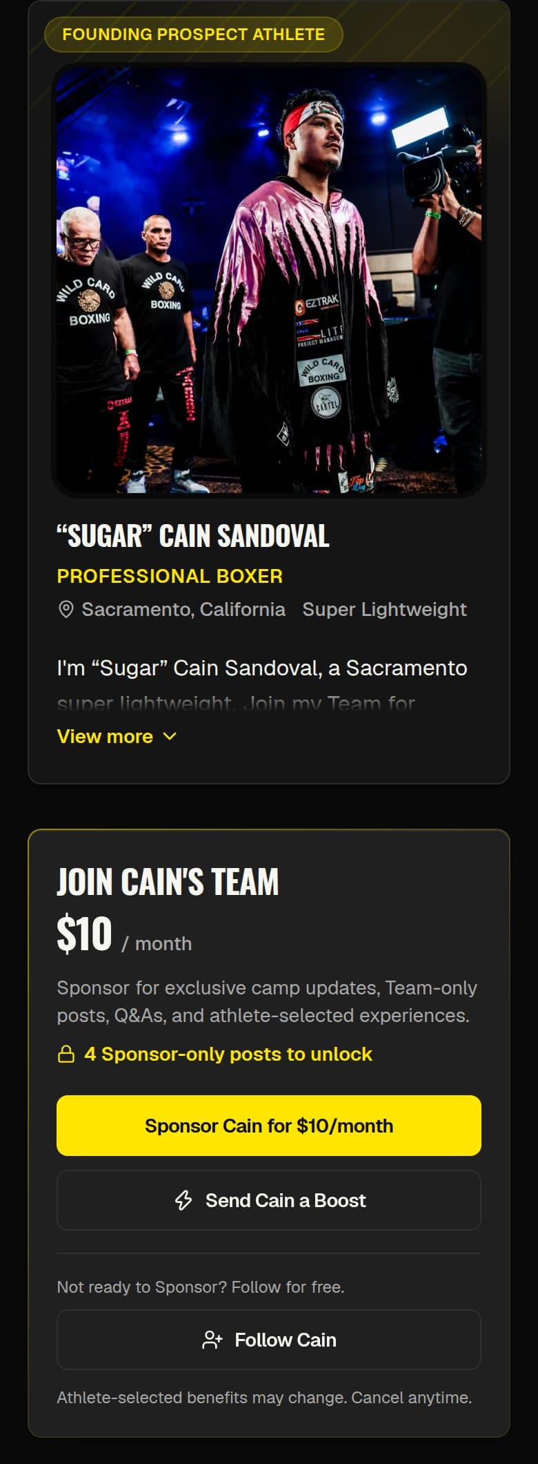 Cain Sandoval's sample Prospect Profile on a phone: his name, sport and location, then the Join Cain's Team card with Sponsor, Boost and Follow buttons.