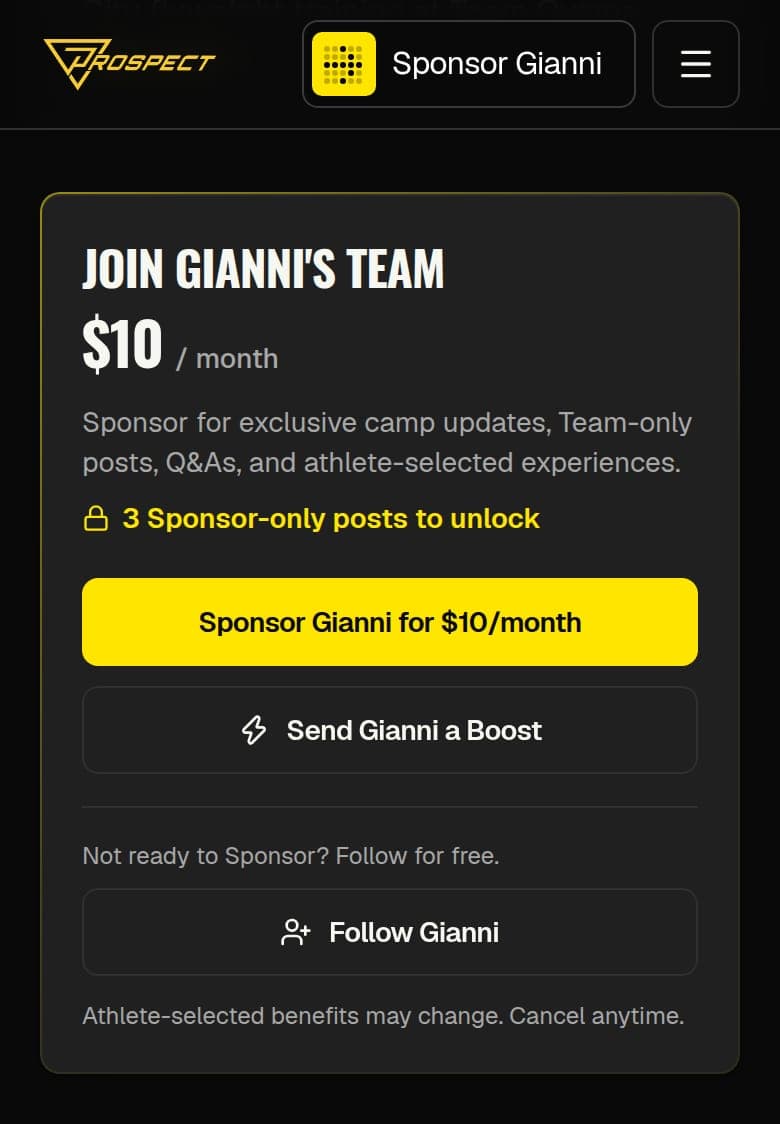 Gianni Vazquez's sample profile on a phone: Join Gianni's Team at $10 a month, a Sponsor button, a Boost button, and Follow for free.