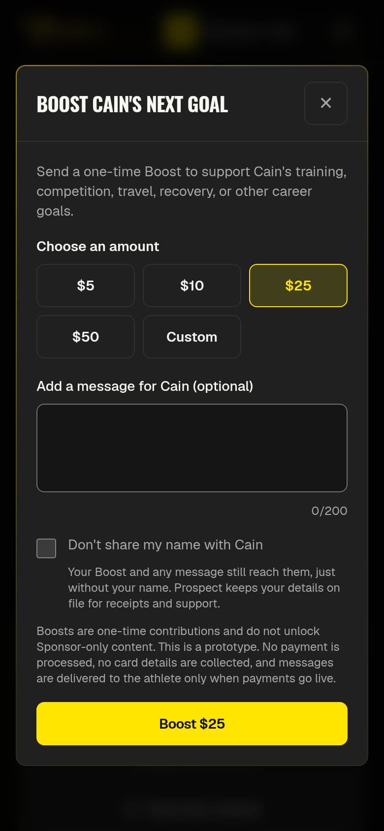 The Boost Cain's Next Goal screen on a phone: amount choices from $5 to $50 or custom, an optional message, and a Boost $25 button.