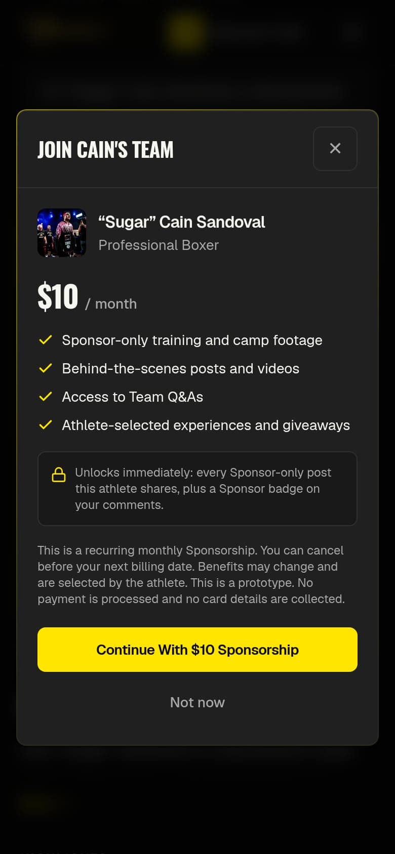 The Join Cain's Team screen on a phone: $10 a month, the Sponsor benefits Cain lists, and a Continue With $10 Sponsorship button.